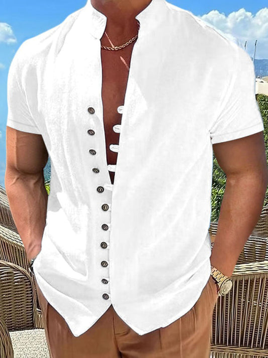 Men's Vintage Leisure Button Stand Collar Short Sleeve Shirt