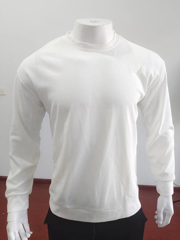 Men's Full Size Waffle Lightweight Round Neck Long-sleeved Sweater