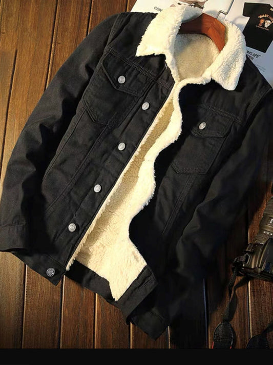 Men's Full Size Sherpa Lined Button Lapel Denim Jacket