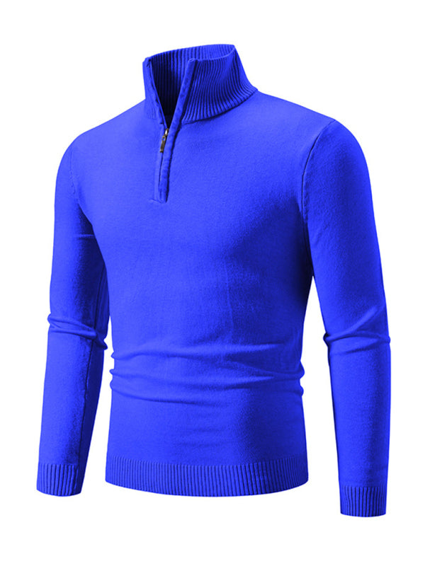 Men's Full Size Casual Solid Half-Zip Pullover Stand Collar Sweater