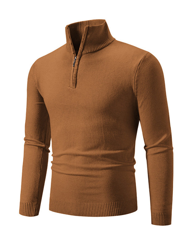 Men's Full Size Casual Solid Half-Zip Pullover Stand Collar Sweater