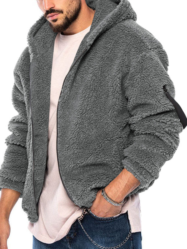 Men's Double-sided Arctic Velvet Hooded Solid Warm Zipper Jacket