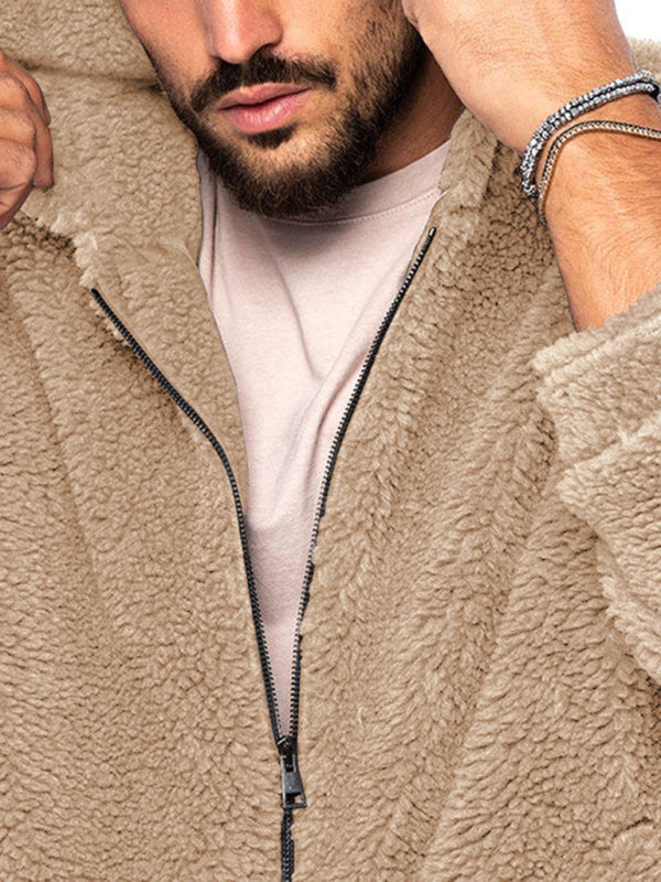 Men's Double-sided Arctic Velvet Hooded Solid Warm Zipper Jacket