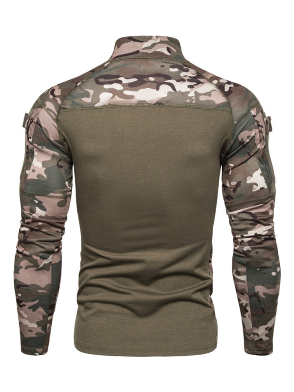 Men's Full Size Military Field Fitness Camouflage Long Sleeve Zipper Pocket T-Shirt