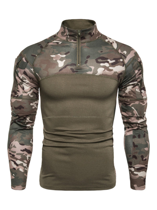 Men's Full Size Military Field Fitness Camouflage Long Sleeve Zipper Pocket T-Shirt