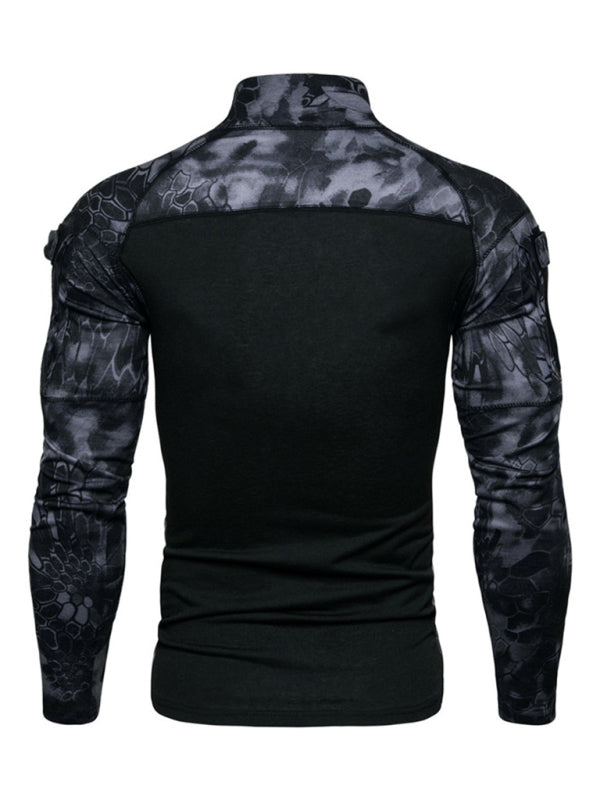 Men's Full Size Military Field Fitness Camouflage Long Sleeve Zipper Pocket T-Shirt