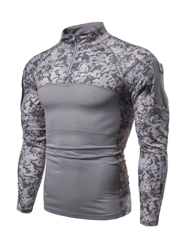 Men's Full Size Military Field Fitness Camouflage Long Sleeve Zipper Pocket T-Shirt