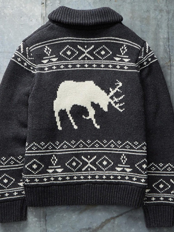 Men's Full Size Black Jacquard Deer Themed Zip Long Sleeve Knit Cardigan