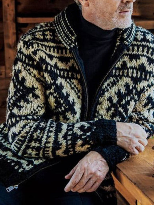 Men's Full Size Jacquard Knit Lapel Long Sleeve Jacket Cardigan