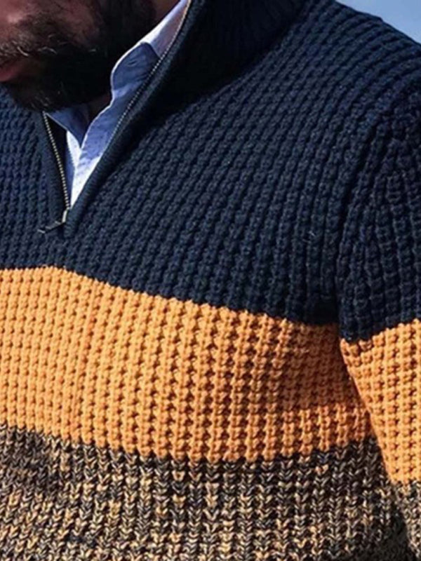 Men's Full Size Stand-up Collar Zipper Color-block V-neck Sweater