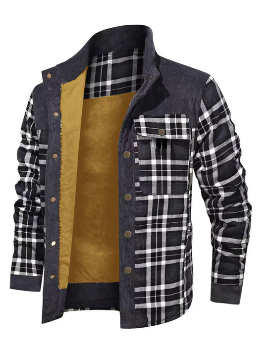 Men's Thick Corduroy and Velvet Long-sleeved Plaid Patchwork Jacket