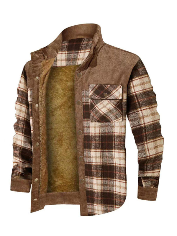 Men's Thick Corduroy and Velvet Long-sleeved Plaid Patchwork Jacket