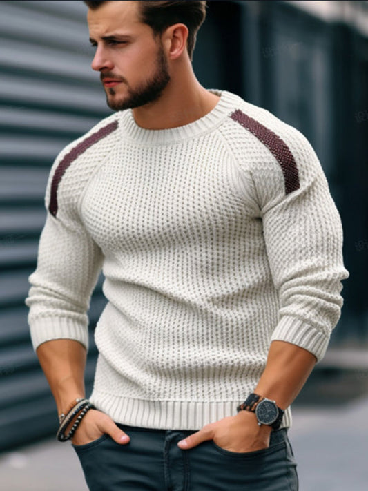 Men's Casual Shoulder Contrast Color Long Sleeve Knitted Sweater