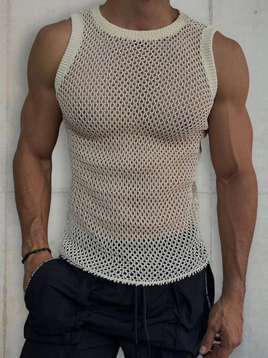 Men's Solid Color Round Neck Sleeveless Hollow Knitted Tank Top