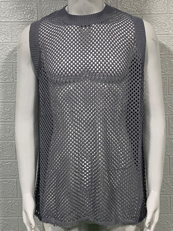 Men's Solid Color Round Neck Sleeveless Hollow Knitted Tank Top