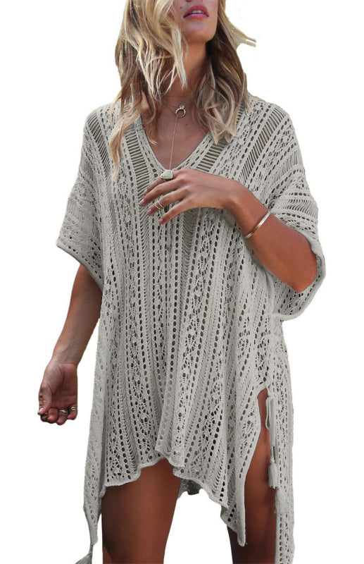 BeYou Crochet Knitted Tassel Tie Kimono Beachwear Coverup