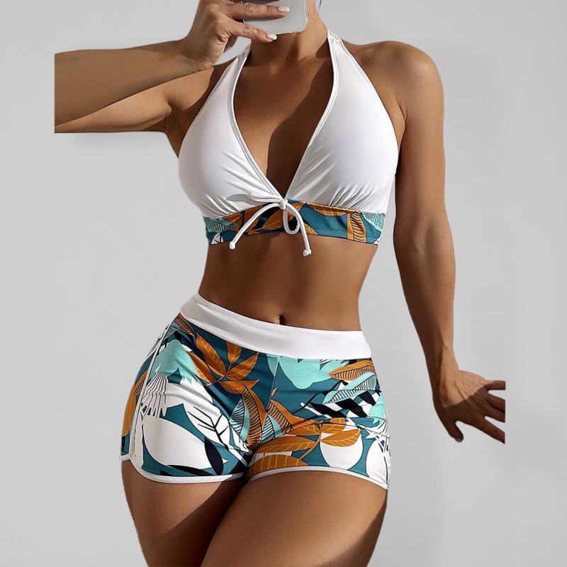 BeyondSexy Split High Waist Boxer Tie Printed Solid Color Stitching Bikini