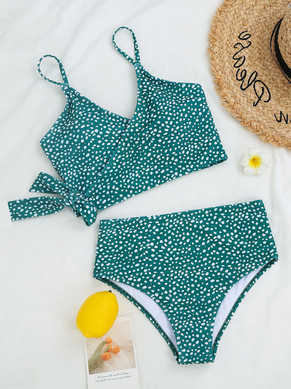 BeachN'Sun Polka Dot Print Cross Tie High Waist Bikini