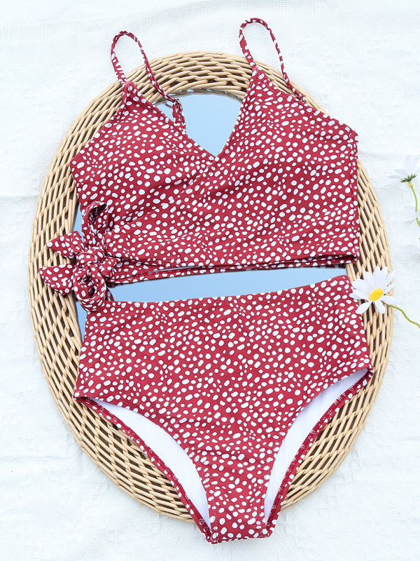 BeachN'Sun Polka Dot Print Cross Tie High Waist Bikini