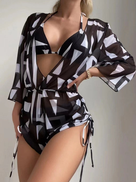 BeYou Tropical Print Tie High Waist Bikini Three-Piece Set