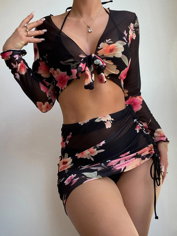 BeyondBeauty Printed Drawstring Long-Sleeve Blouse Bikini Four-Piece Set