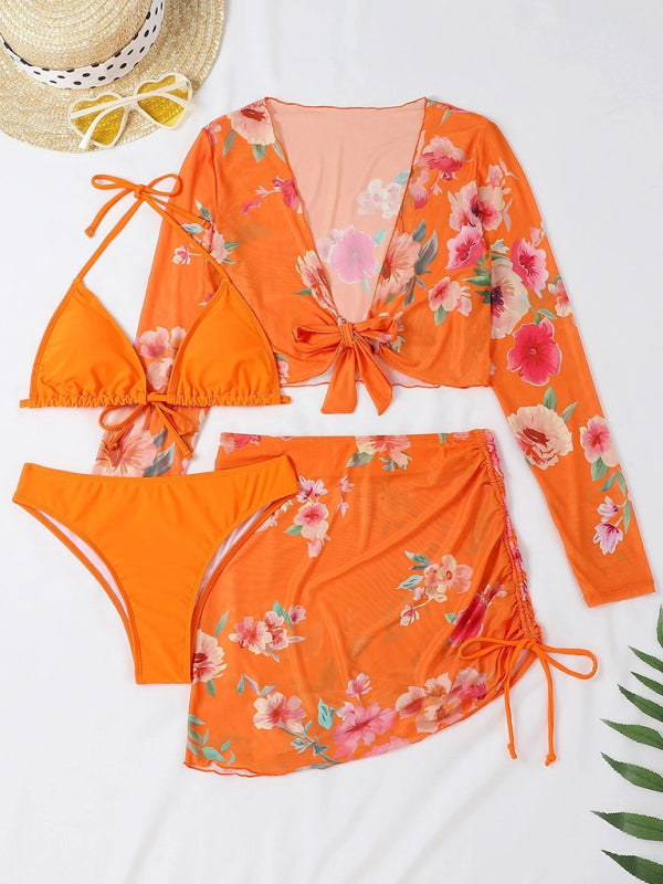 BeyondBeauty Printed Drawstring Long-Sleeve Blouse Bikini Four-Piece Set