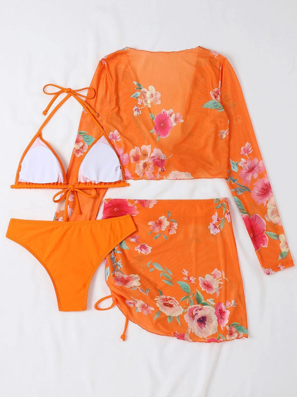 BeyondBeauty Printed Drawstring Long-Sleeve Blouse Bikini Four-Piece Set