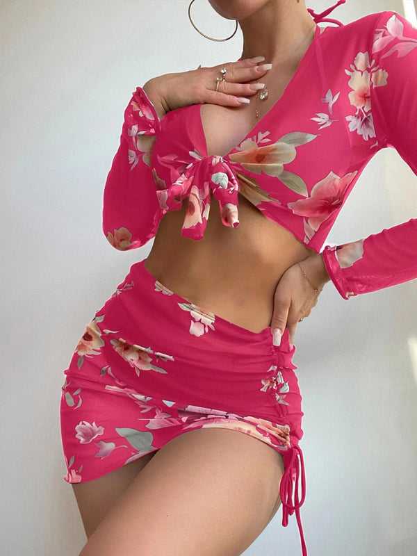 BeyondBeauty Printed Drawstring Long-Sleeve Blouse Bikini Four-Piece Set