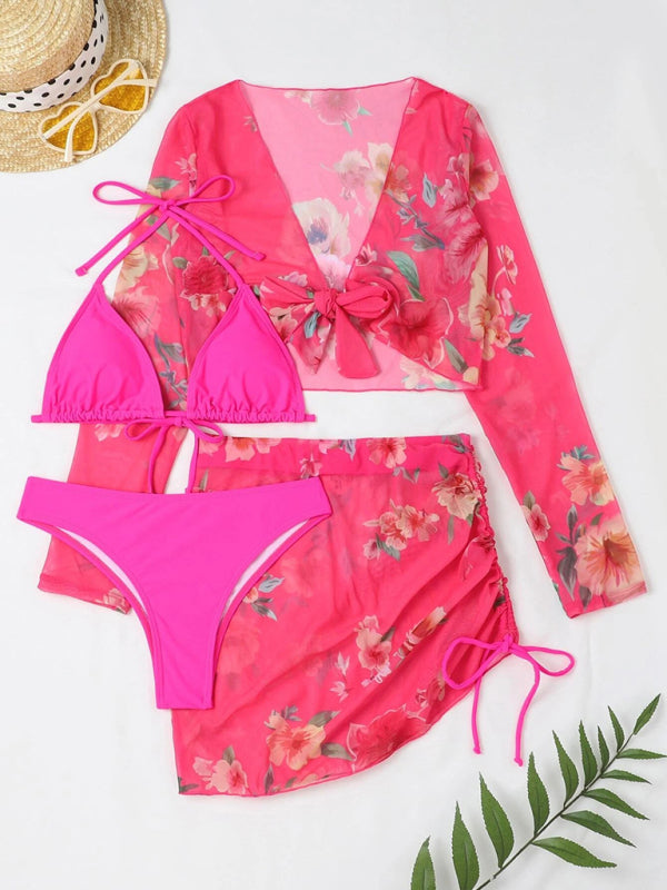 BeyondBeauty Printed Drawstring Long-Sleeve Blouse Bikini Four-Piece Set