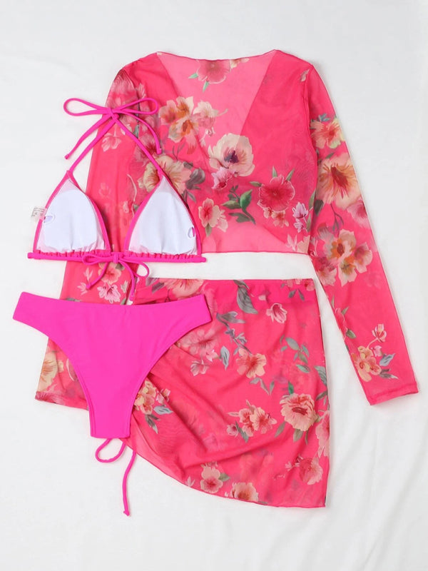 BeyondBeauty Printed Drawstring Long-Sleeve Blouse Bikini Four-Piece Set