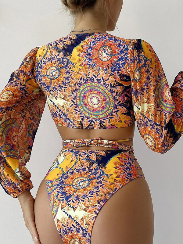 BeyondSexy Ethnic Printed Mesh Long Sleeve Orange Bikini Set