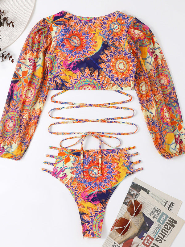 BeyondSexy Ethnic Printed Mesh Long Sleeve Orange Bikini Set