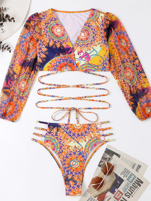 BeyondSexy Ethnic Printed Mesh Long Sleeve Orange Bikini Set