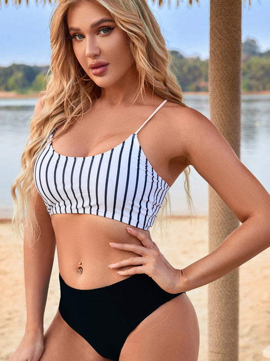 BeYou High Waist Split Skinny Striped Beach Vacation Bikini