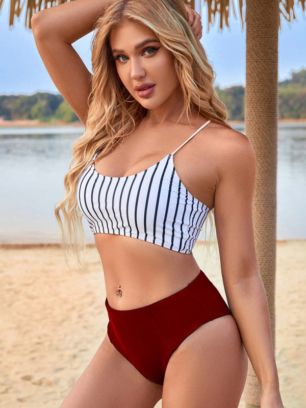 BeYou High Waist Split Skinny Striped Beach Vacation Bikini