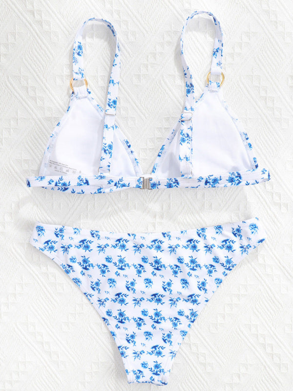 SoBeachin' Split European & American Printed Sexy Blue Bikini Beachwear