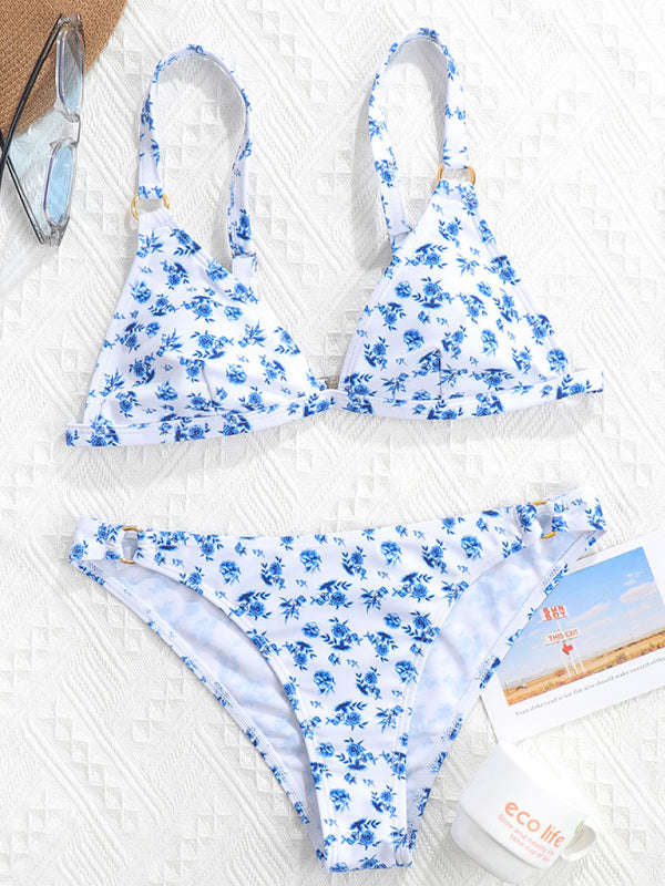 SoBeachin' Split European & American Printed Sexy Blue Bikini Beachwear