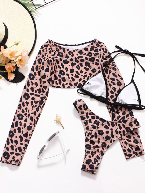 SoSexy Braided Rope Leopard Print Long-Sleeved Three-piece Bikini Swimsuit Set