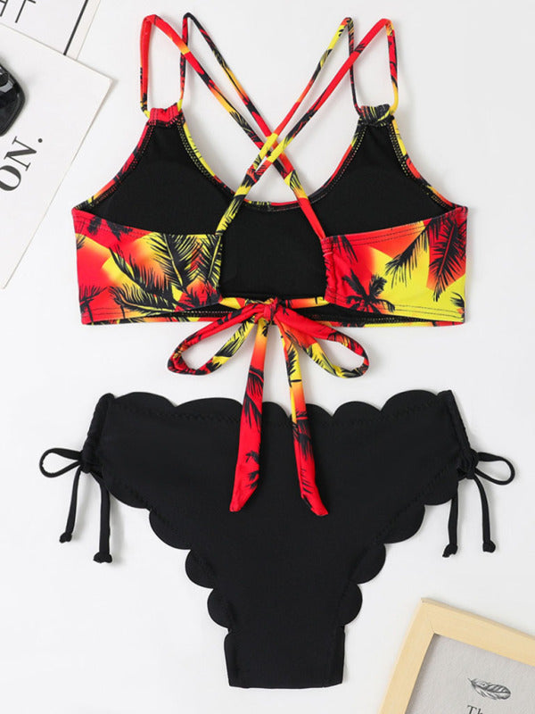 Multicolor Coconut Tree Printing Laser Cut Floral Themed Bikini