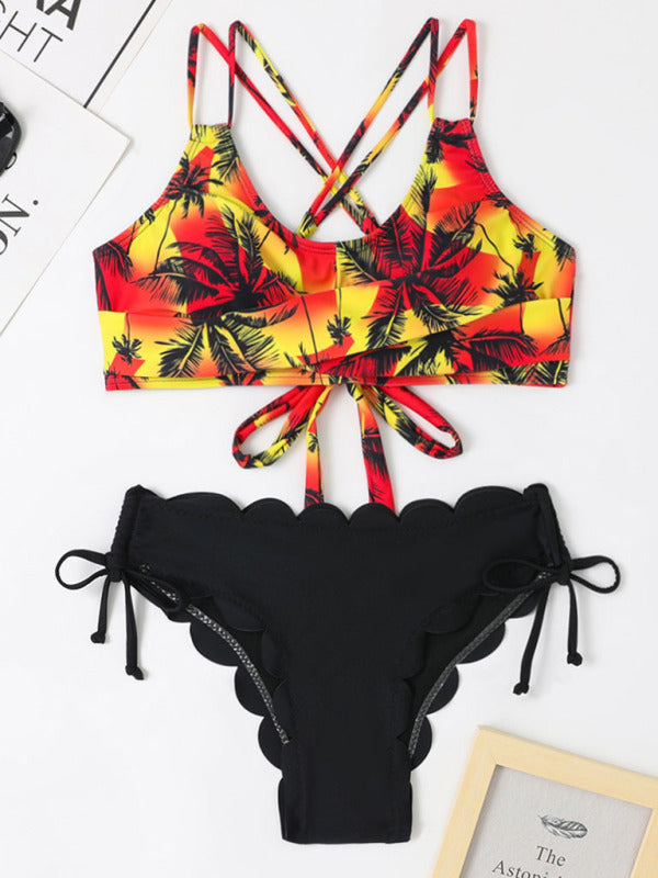 Multicolor Coconut Tree Printing Laser Cut Floral Themed Bikini