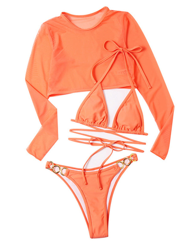 Beachn'Sun Long-sleeved Mesh Top Three-piece Swimsuit Solid Sexy Bikini Set