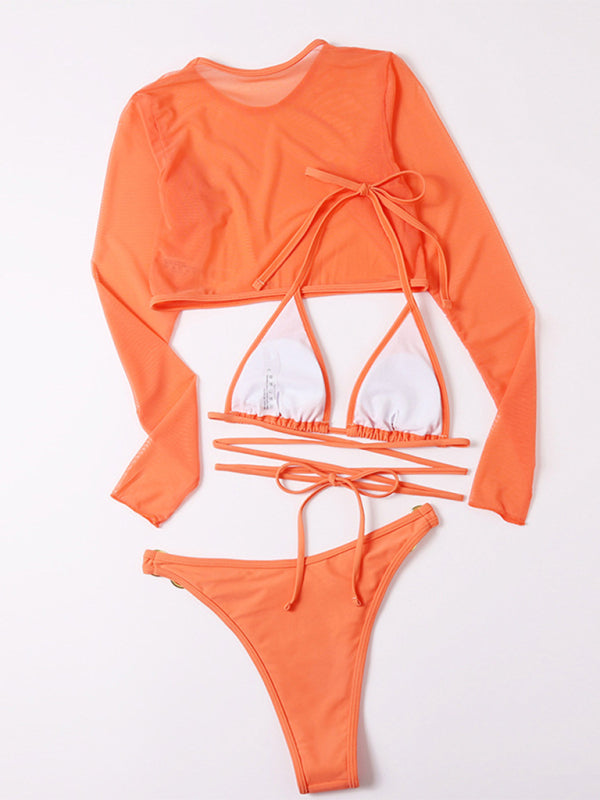 Beachn'Sun Long-sleeved Mesh Top Three-piece Swimsuit Solid Sexy Bikini Set