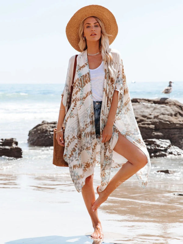 Mid-Length Slit Chiffon Beach Printed Sunscreen Swimsuit Cover Up