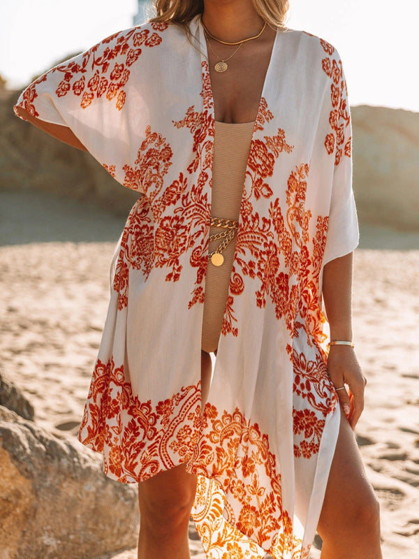 Mid-Length Slit Chiffon Beach Printed Sunscreen Swimsuit Cover Up