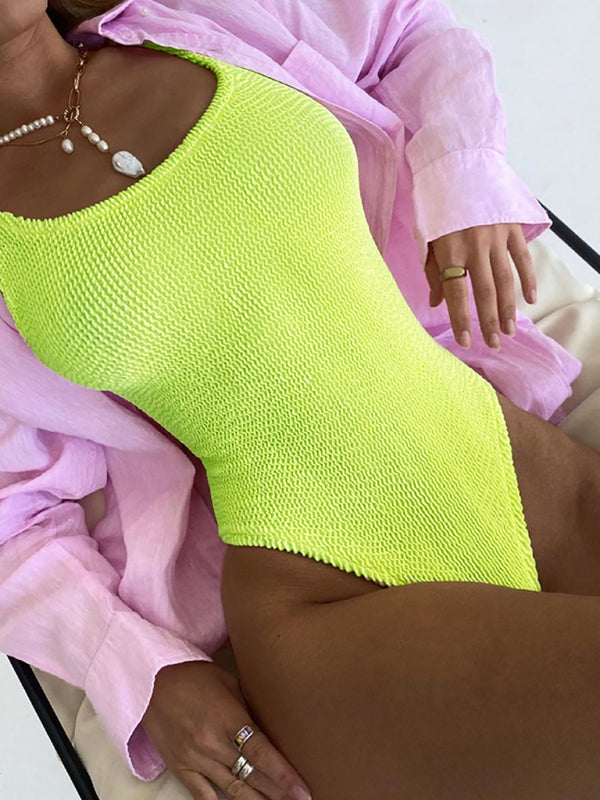 Candy Color Fluorescent Pleated Fabric One-Piece Swimsuit