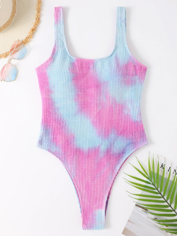 Candy Color Fluorescent Pleated Fabric One-Piece Swimsuit