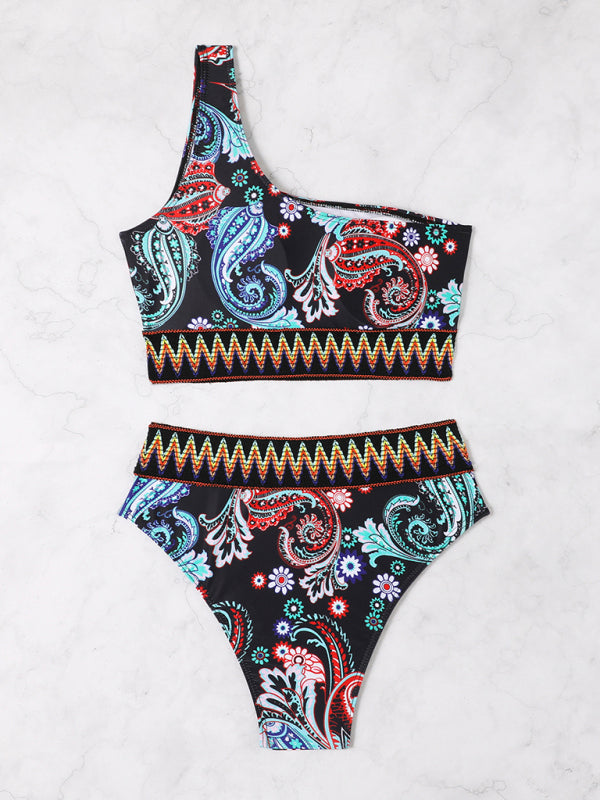 Printed Elastic Knitted One-Shoulder Split Triangle Bikini
