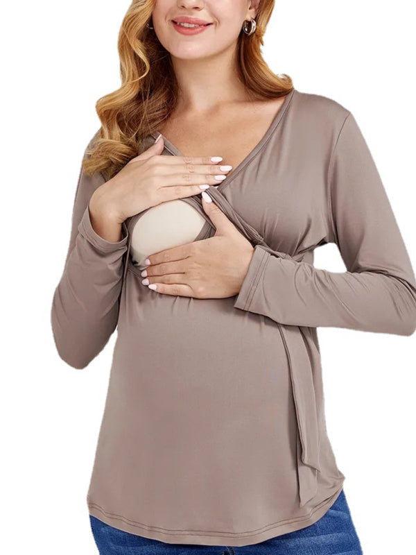 European & American Themed Solid Color Nursing V-neck Long-sleeved Maternity Top