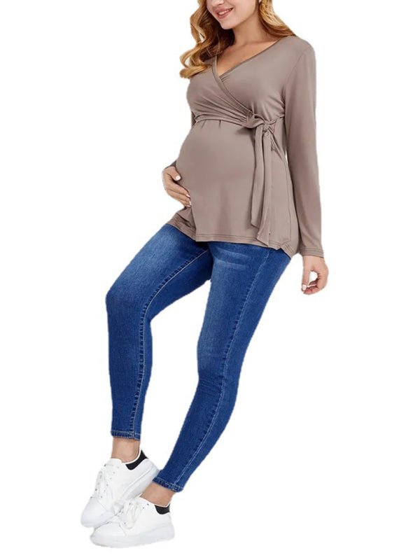 European & American Themed Solid Color Nursing V-neck Long-sleeved Maternity Top