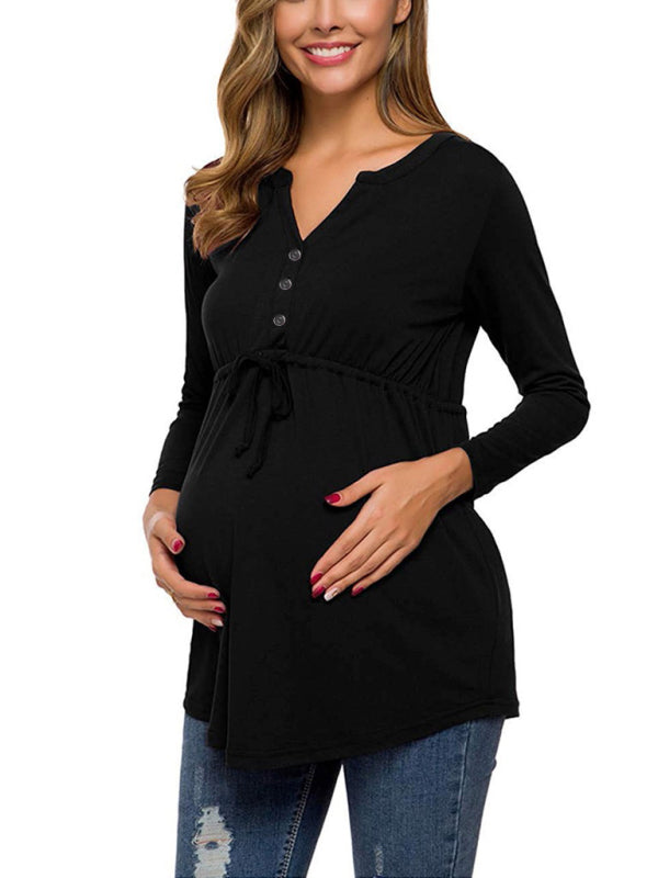 Maternity Solid Color Drawstring Button Long-sleeve T-shirt